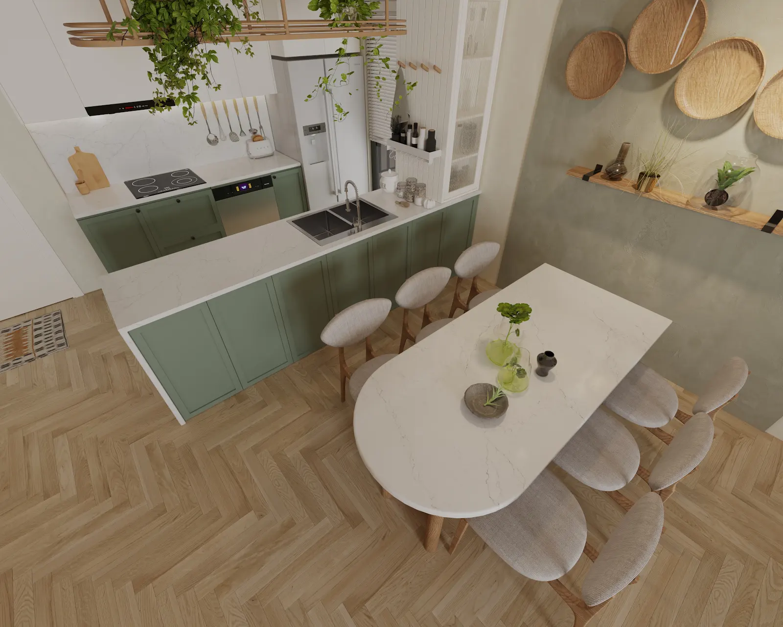 Kitchen design visualization featuring Calacatta Auretta quartz