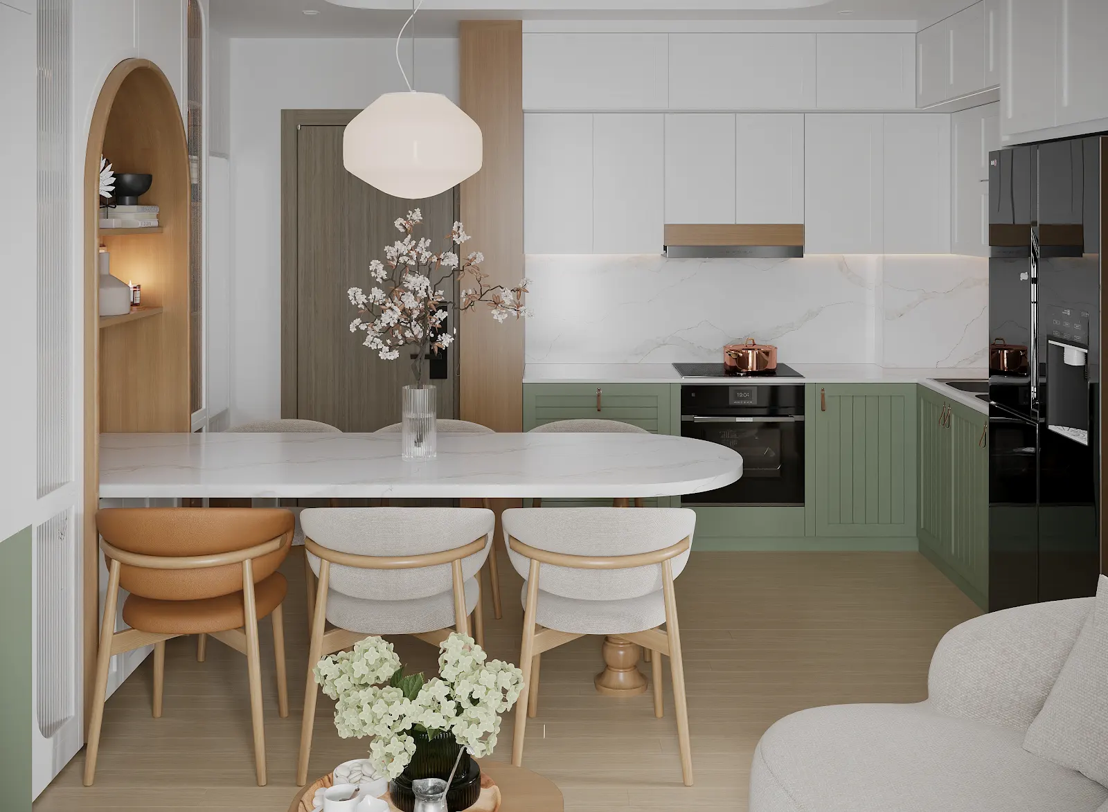 Kitchen design visualization featuring Calacatta Oro quartz