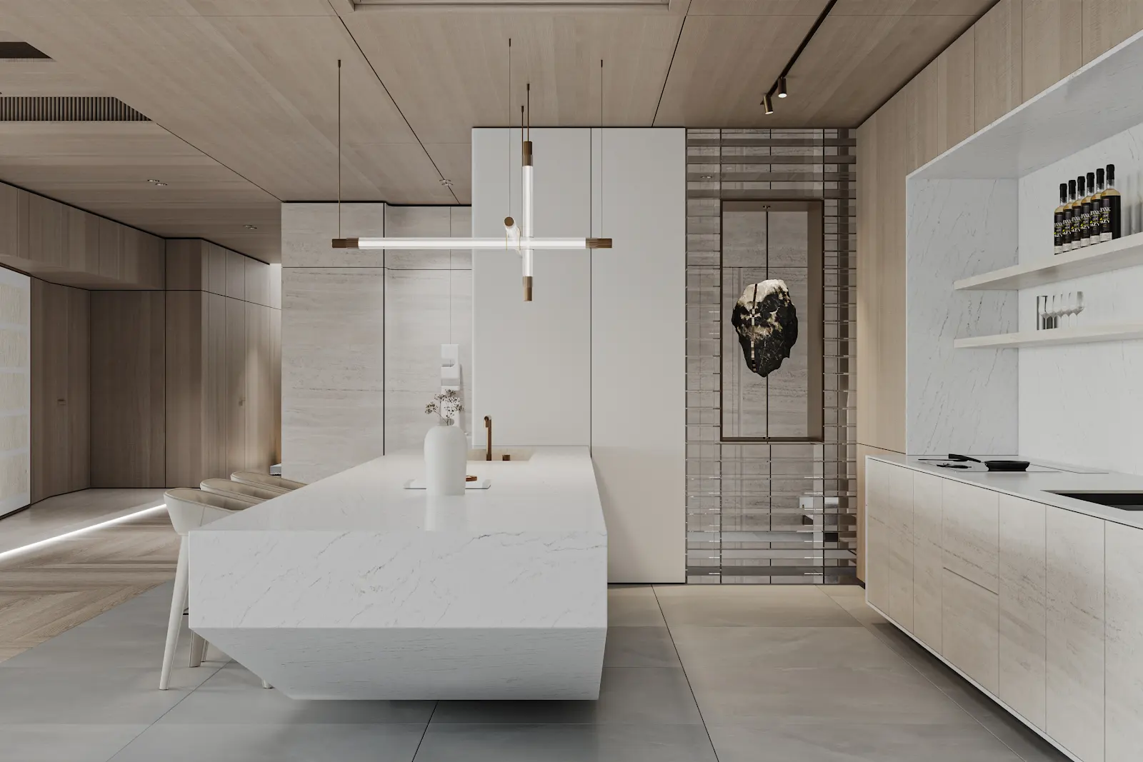 Kitchen design visualization featuring Carrara Nella quartz