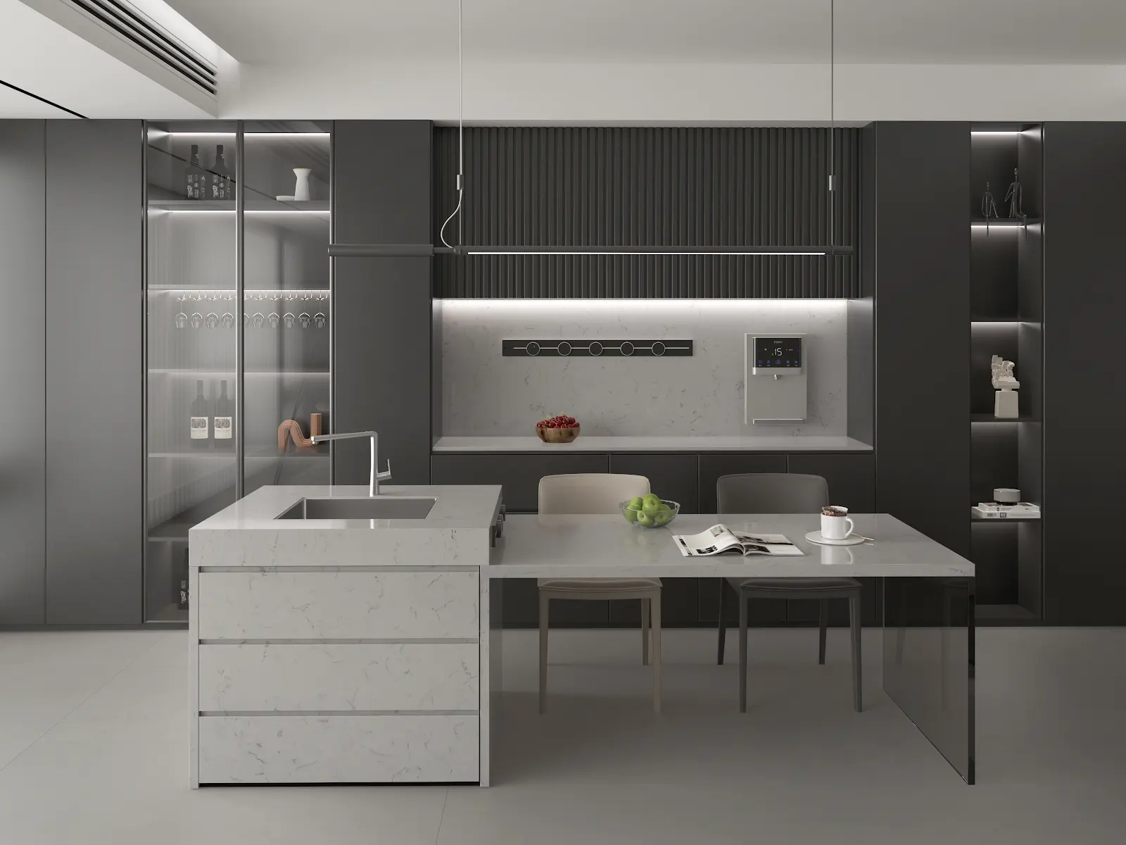 Kitchen design visualization featuring Carrara White quartz