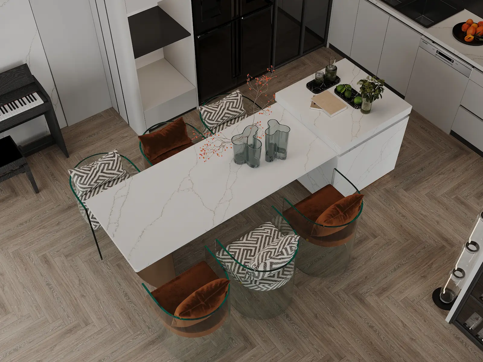 Kitchen design visualization featuring Giotto Gold quartz