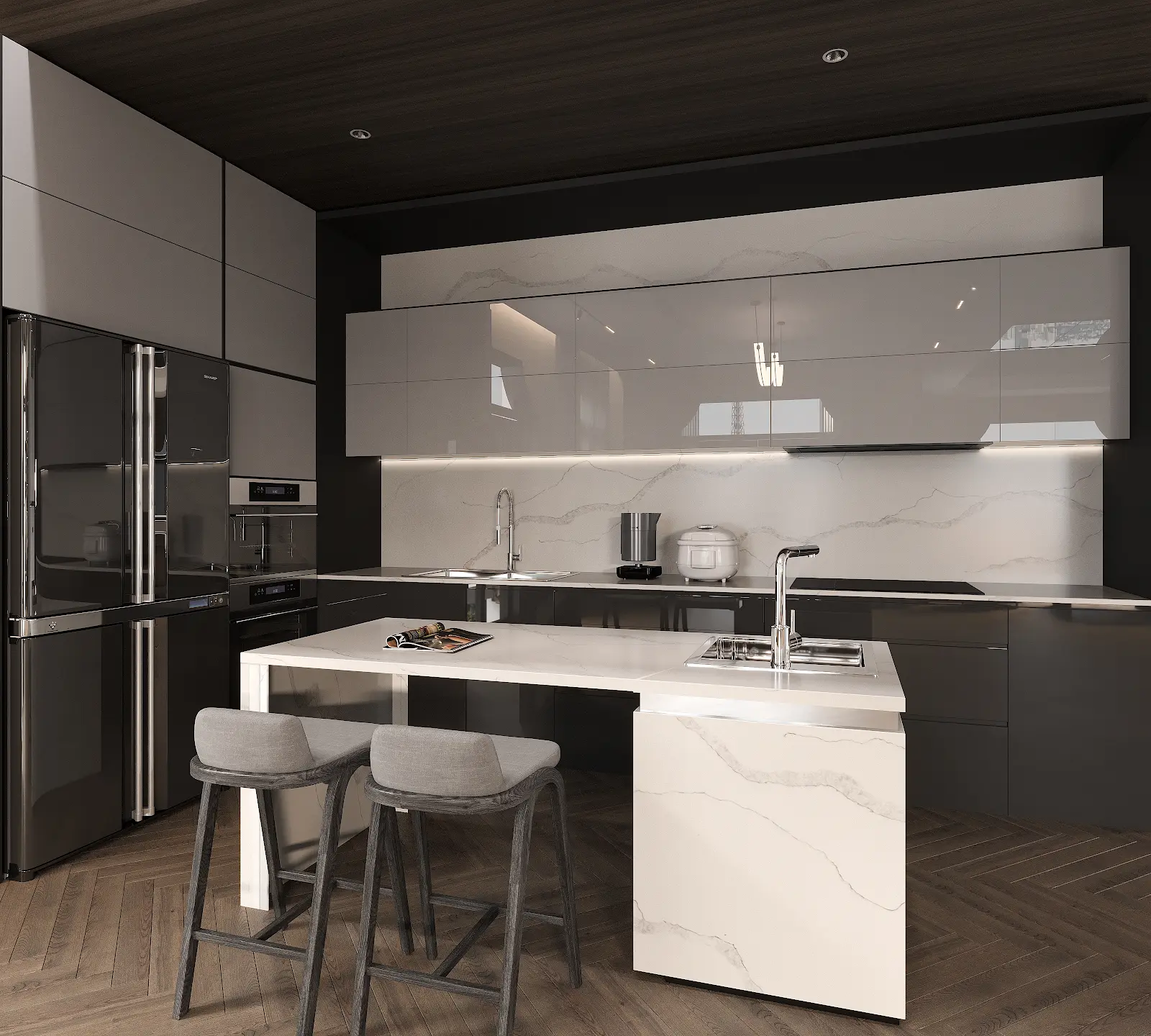 Kitchen design visualization featuring Luna quartz